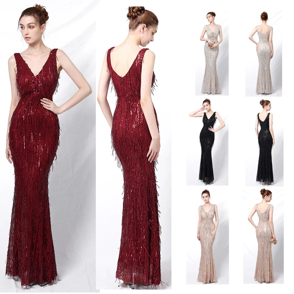 Женское золотистое вечернее платье с бахромой и блестками сексуальное без