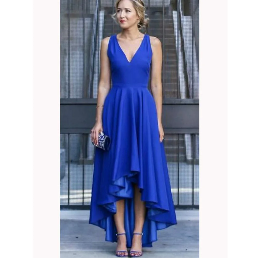 

Royal Blue Evening Dresses Elegant 2021 High Low Simple A-Line Prom Gowns V-Neck Wedding Guest Dress robe de soire de mariage