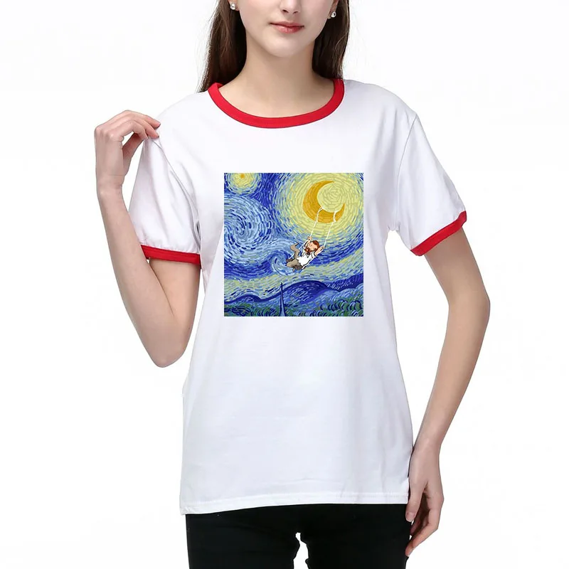 

Plus Size Women T-Shirt 2020 Summer Van Gogh oil painting Print T Shirt Women Casual White Tops Loose Short Sleeve female Tshirt