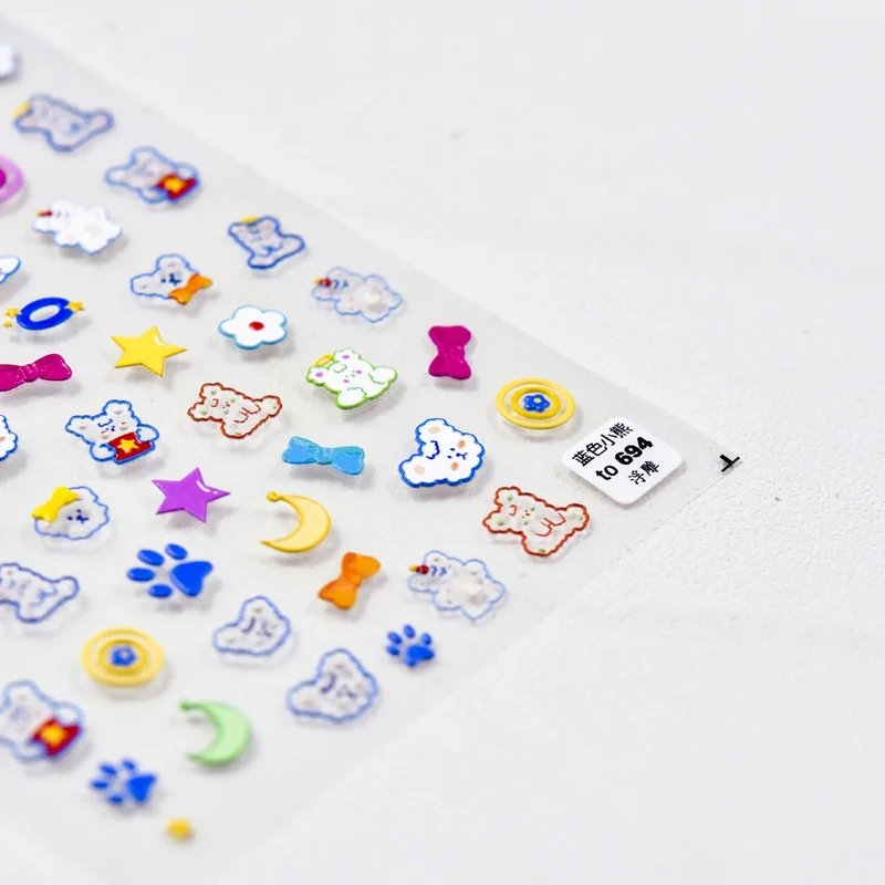 

High Quality Ultra-Thin Adhesive 5D Embossed Cute Blue Bear Transparency Nail Art Stickers Cute DIY Manicure Decal Decoration