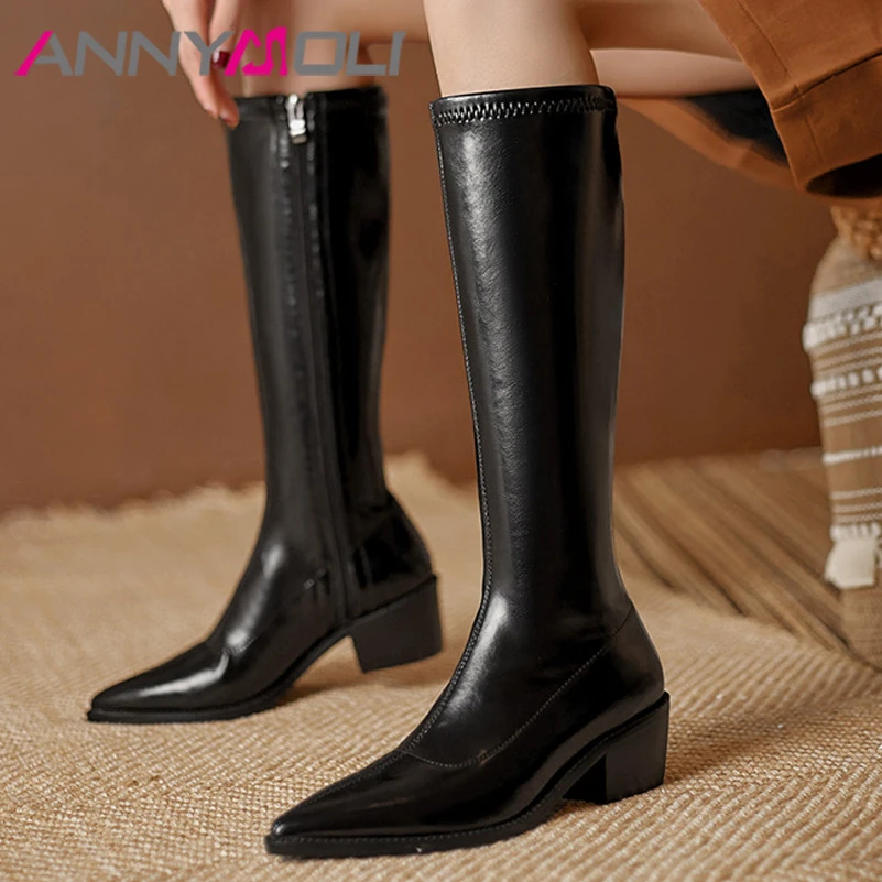

ANNYMOLI Knee High Boots Women Winter High Heel Pointed Toe Shoes Chunky Heel Zipper Lady Long Boots Winter 34-43 Fashion Shoes