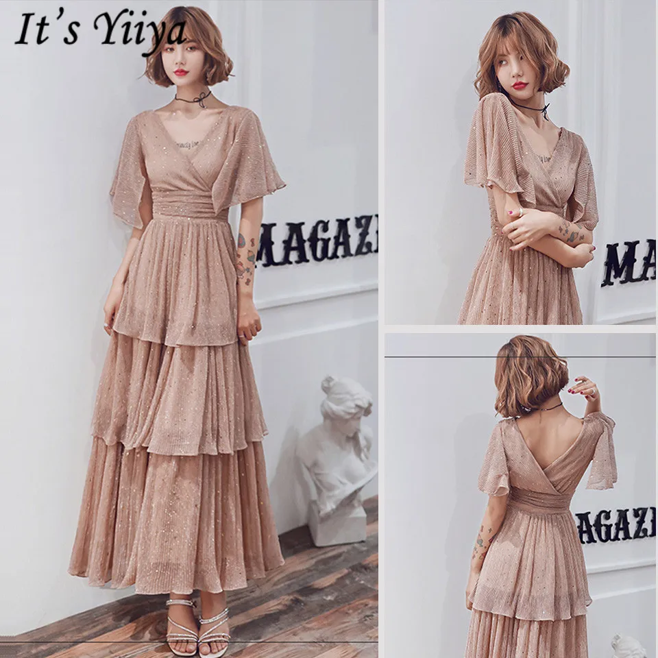 

It's Yiiya Prom Dress Vintage Short Sleeve V-Neck Tiered Plus Size Vestidos De Gala LF221 Sequined A-Line Prom Dresses 2019
