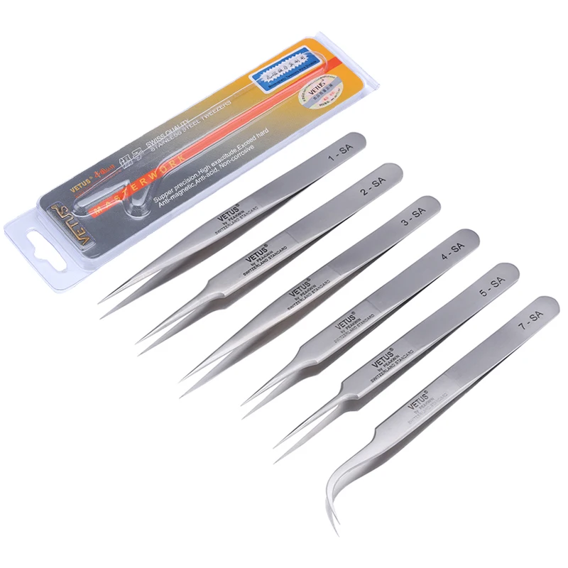 

Precision Original VETUS Tweezers Pinzas VETUS SA Series SS-SA 7-SA Stainless Steel Antimagnetic Tweezer Electronic Repair Tools