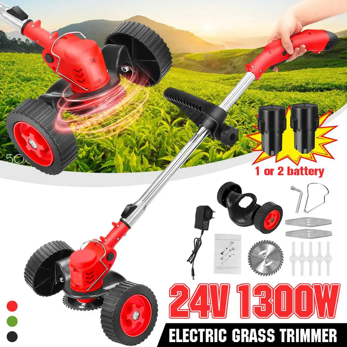 

1300W 24V Cordless Electric Grass Trimmer Lawn Mower Weeds Brush Length Adjustable Cutter Garden Tools With 1/2 7000mAh Battery