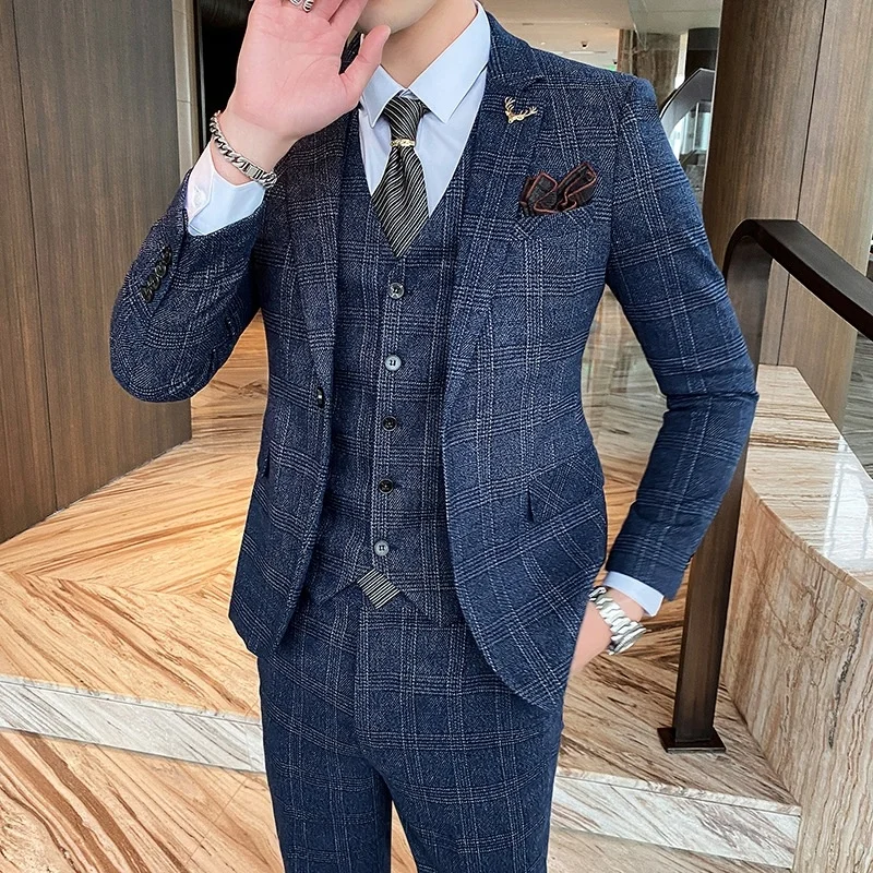 

2021 men's Plaid slim suit British men's professional suit Korean suit three piece men's suit