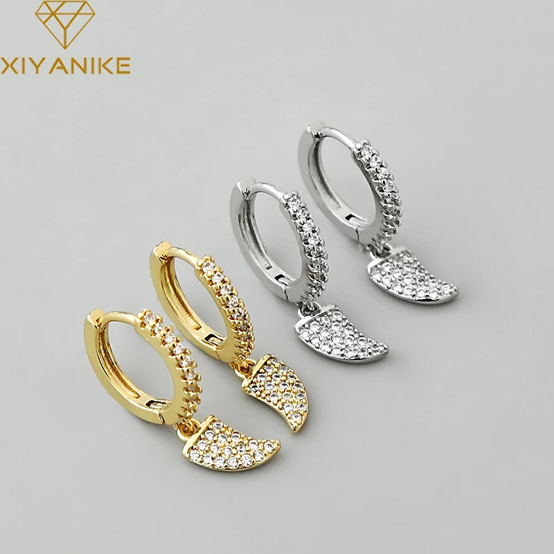 

XIYANIKE 925 Sterling Silver Moon Shape Pendant Zircon Hoop Earrings Female Fashion Temperament Jewelry Accessories Party Gift