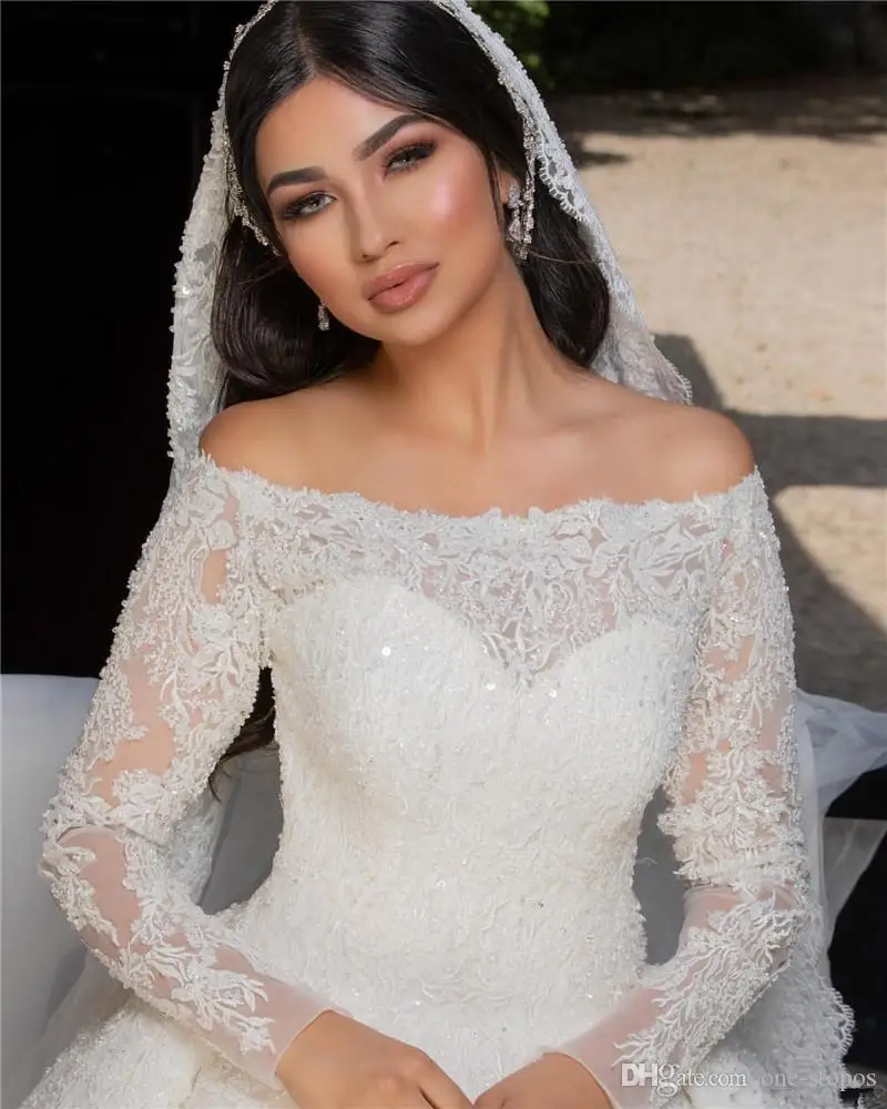 Luxury Arabic Off Shoulder Ball Gown Wedding Dresses Vintage Long Sleeevs Lace Appliqued Crystal Beaded Plus Size Bridal | Свадьбы и