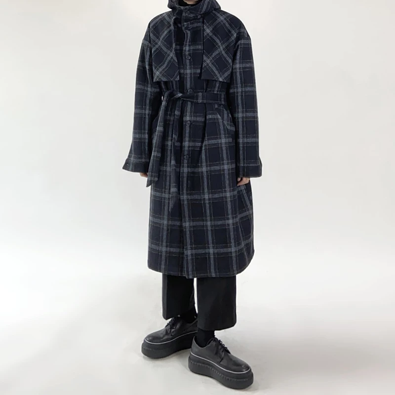 

Зимнее шерстяное пальто для мужчин, Корейская уличная одежда, свободный, с хлопковой подкладкой, плотный длинный клетчатый тренчкот с капюш...