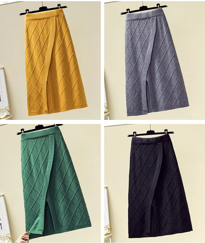 TIGENA Fashion Split Knitted Midi Skirt Women Autumn Winter Korean Warm A-line High Waist Knee Length Skirt Female Ladies