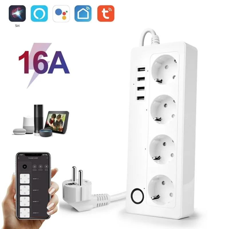 

Умный удлинитель с 4 евророзетками и 4 USB-портами, 16 А