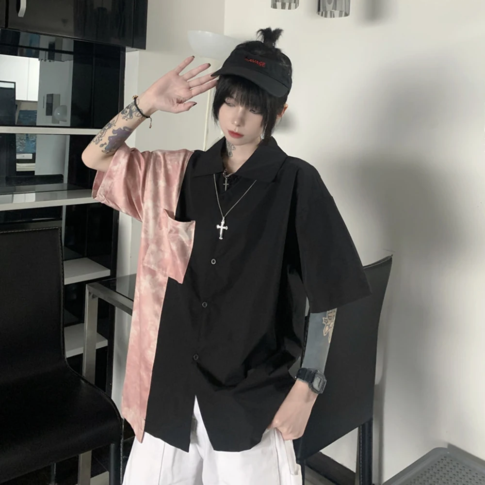 

Dark Icon Front Pocket Color Block Women Shirt Summer Streetwear Girl Shirts Female Blouse 2 Colors
