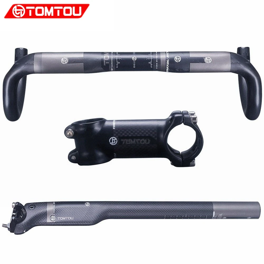 

TOMTOU Full Carbon Fibre Bicycle Handlebar Sets Road Handlebar + Breaking Wind SeatPost + Stem Bike Parts Matte Black - TX8T79