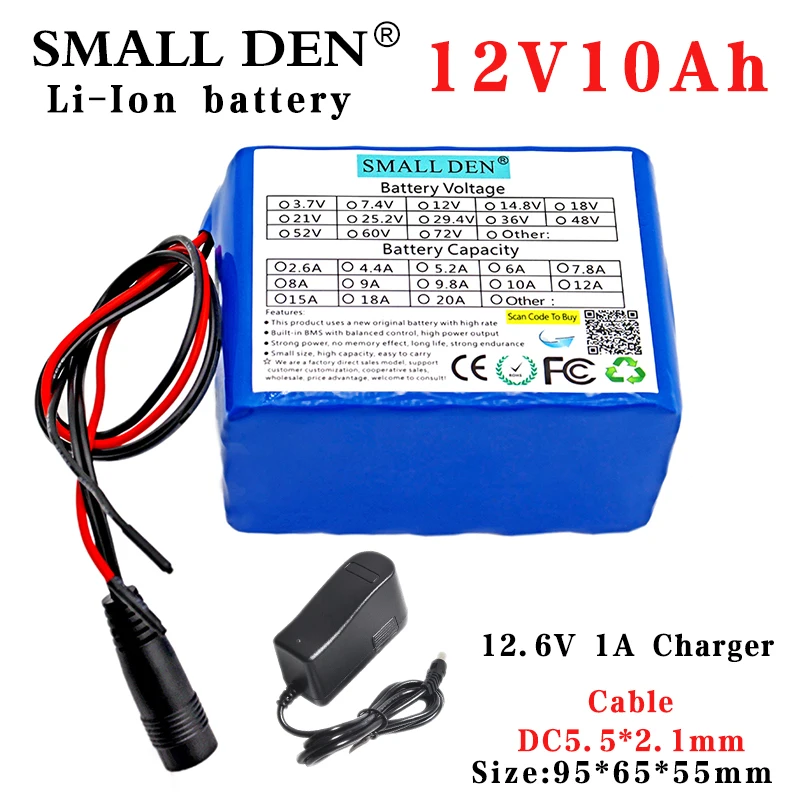 

12V 10Ah 18650 lithium battery pack 3S5P DC 12.6V Xenon lamp LED Digital mobile power supply emergency Power supply BMS +Charger