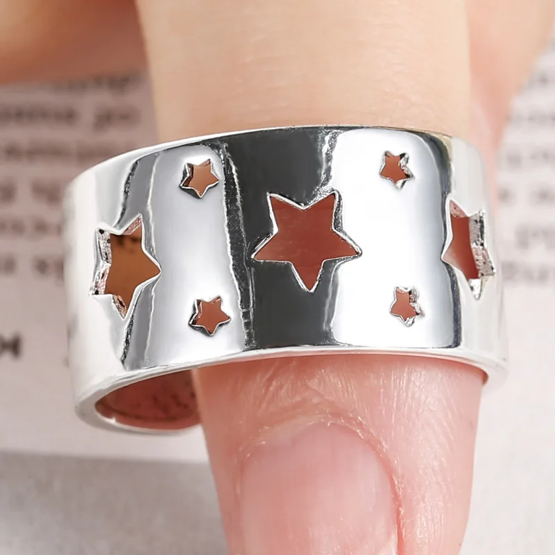 

Exquisite Silver Color Hollow Star Stars Ring Wide Women's Cute Ring Fashion Cocktail Party Women's Jewelry Open Ring Lover Gift