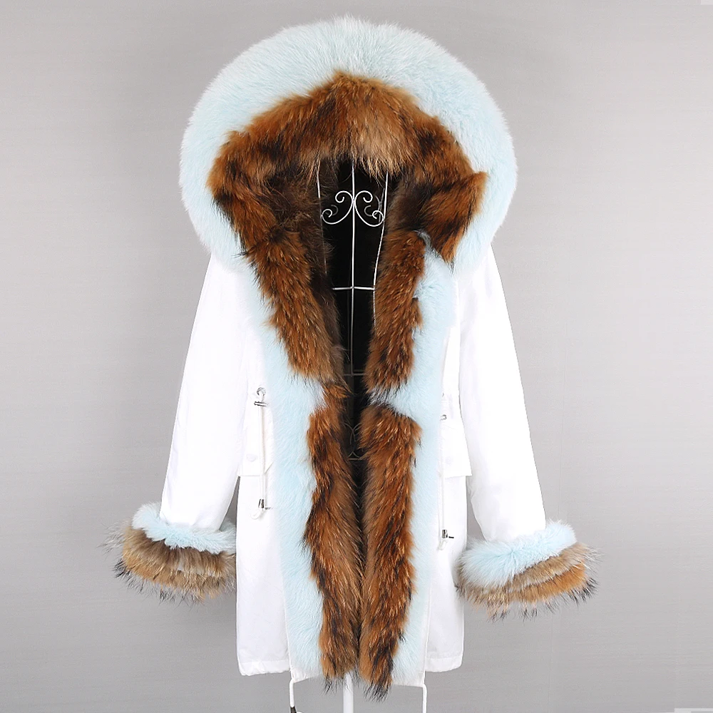 Women Winter Real Fur Coat Natural Fur Jacket Large Raccoon Fur Collar Hooded Thick Warm Streetwear Detachable Long Parka