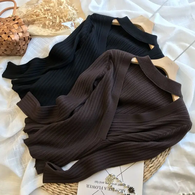 

Новинка Осень-зима 2021, Элегантная трикотажная рубашка с длинным рукавом, с перекрестными углами, для женщин, облегающий тянущийся вязаный с...