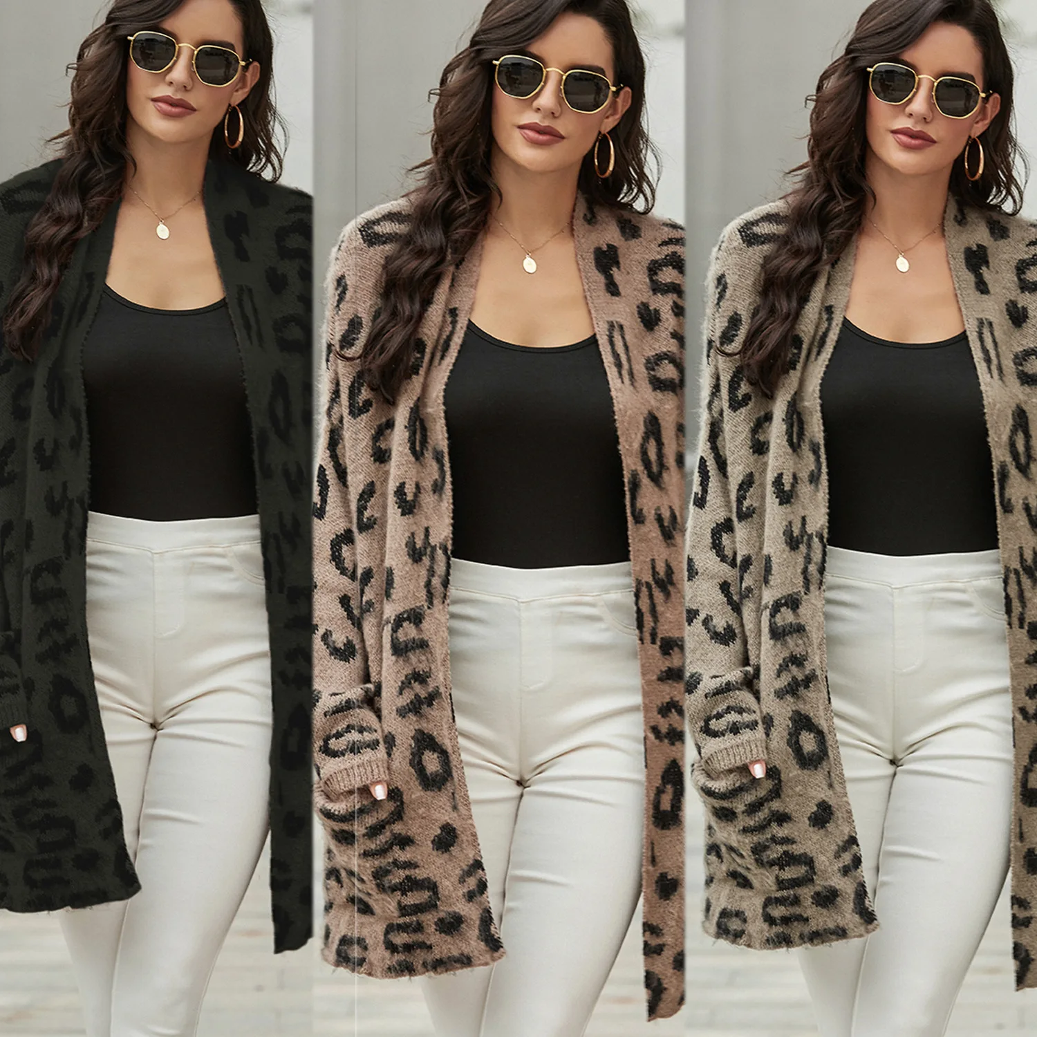 

Femme Chandails Long Sleeve Crew-Neck Sweaters Womens Leopard Cardigan Long Mujer Sueteres Knitted Sweater Winter Clothes Women