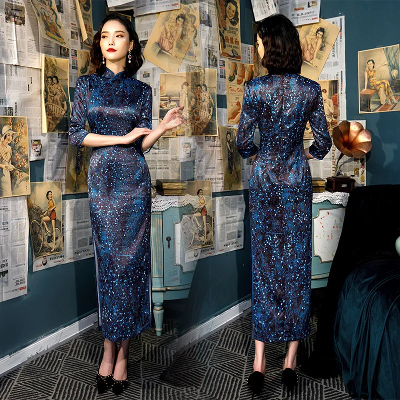 Новое поступление, традиционное женское платье, плюс размер, 4XL, Qipao, Дамское, вискозное, сексуальное, длинное, с принтом, Cheongsam, ручная работа, на пуговицах, винтажное, китайское платье