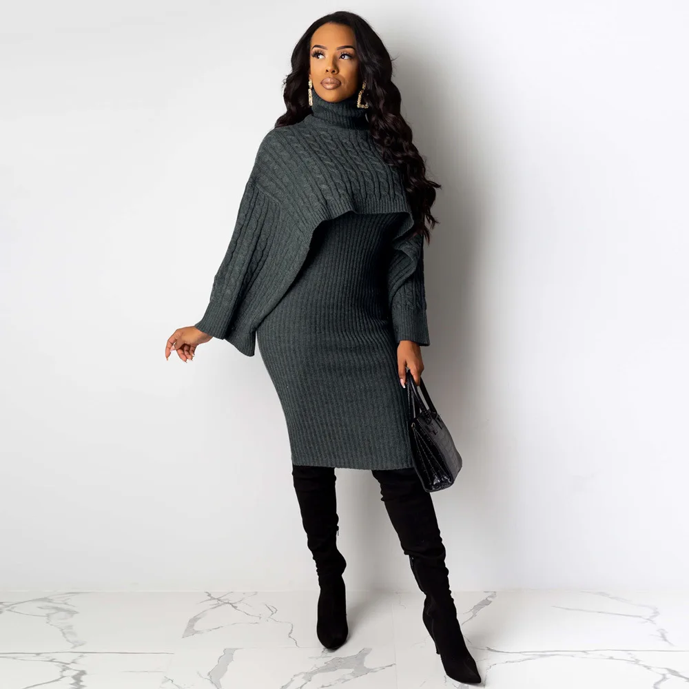 Autumn Winter Knitted Sweater Two Piece Set Turtleneck Long Sleeve Loose Crop Top+ Bandage Midi Tank Dress Plus Size Tracksuit