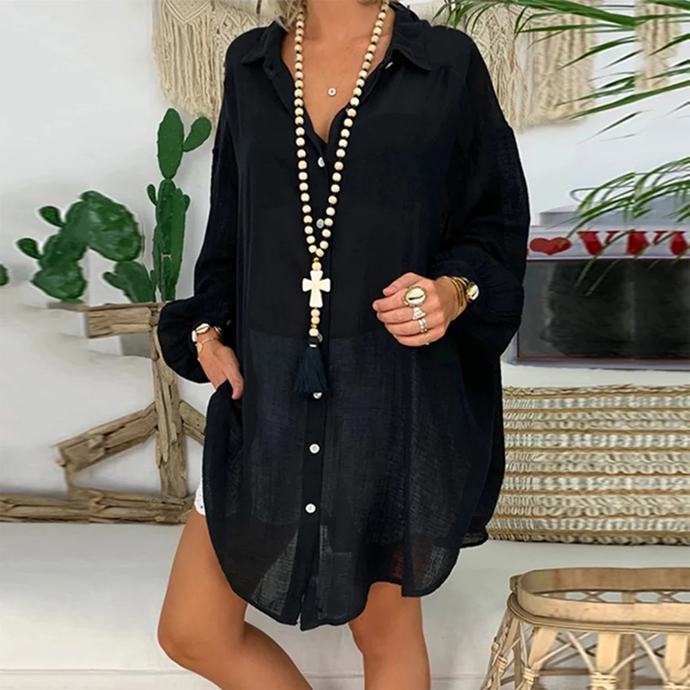 Solid Cotton Linen Tunic Summer Loose Button Shirts For Women Casual Turn-down Collar Long Sleeve Blouses Plus Size Tops | Женская