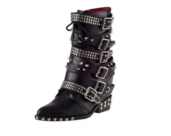 

Moraima Snc Black Leather Rivets Studded Woman Boots Pointed Toe Buckle Strap Height Increasing Riding Boots