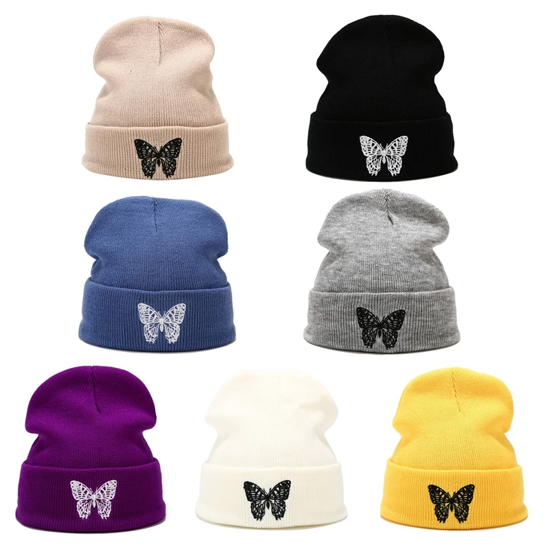 

Autumn Casual Black Beanies Hats For Women Men Butterfly Embroidery Winter Cap Warm Knitted Hip Hop Beanie Hat