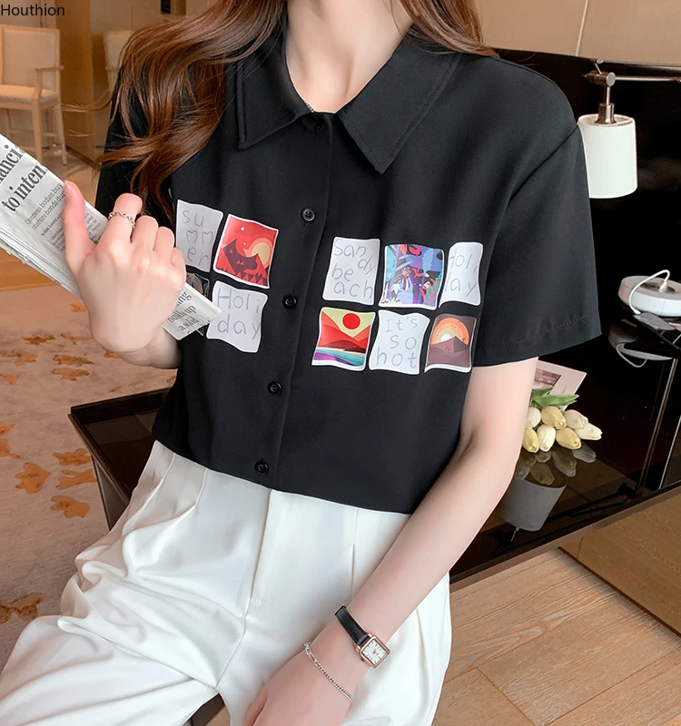 

Рубашка-поло женская шифоновая свободная, блузка в повседневном стиле с принтом дерева, на пуговицах, модный топ с коротким рукавом, лето 10077