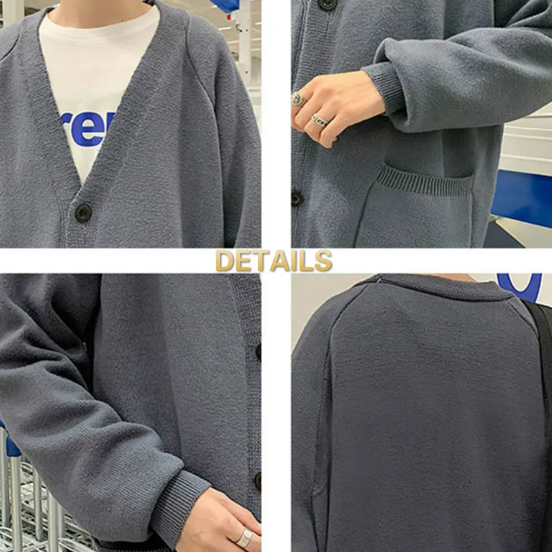 

Men Cardigan Solid Single Breasted V-neck Knitted Sweaters Male Ins Chic Retro Loose Casual All-match Daily Simple Streetwear