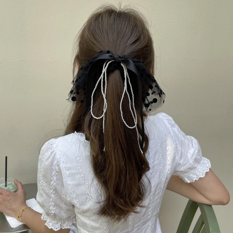 

Fashion Black Scrunchies Long Pearl Hair Rope Korean Hair Ties For Women Ponytail Scarf Sweet Elastic Hair Band Hair Accessories