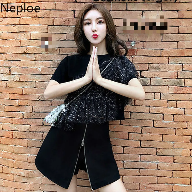 Neploe черная футболка с блестками и круглым вырезом в стиле пэчворк женская летняя