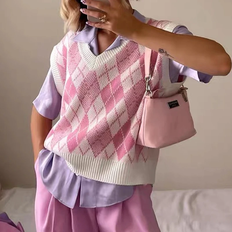 

Vintage Argyle Sweater Vest Pink Plaid Knitted Pullover Y2K Autumn Winter Female Clothes Women Sleeveless 90s V Neck Tank Jumper