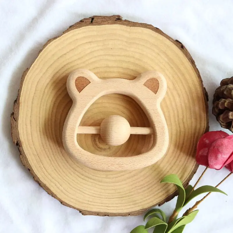 

Baby Teething Wooden Rattle Cartoon Bear Head Chewing Teether Newborn Nursing Toys Shower Gifts