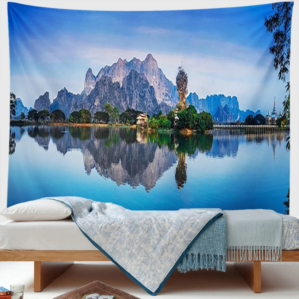 

Natural Landscape Tapestry Clear Lake Pine Trees Mountain Spring Blue Sky Art Wall Hanging Boho Home Deco Picnic Mat Carpet