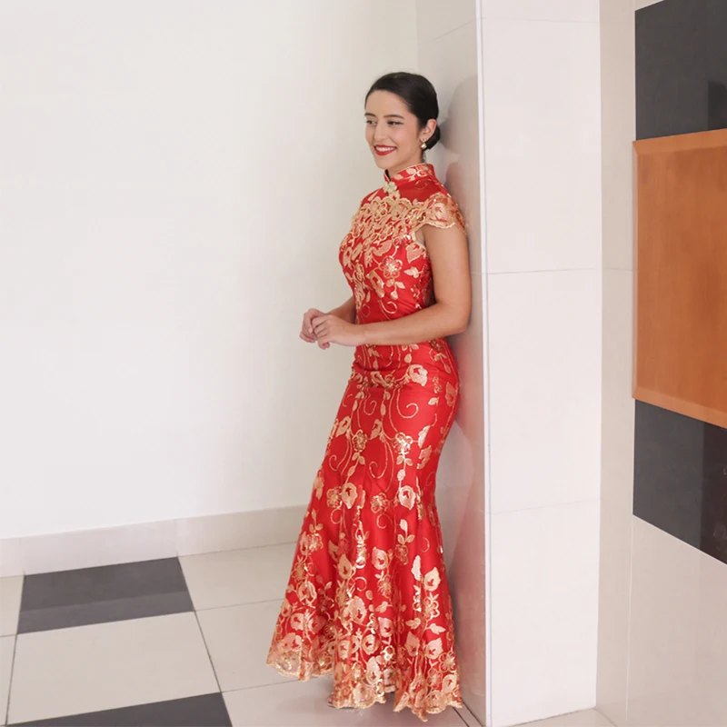Красное китайское свадебное платье женское длинное с коротким рукавом Cheongsam Золотое тонкое китайское традиционное платье женское Qipao для свадебной вечеринки