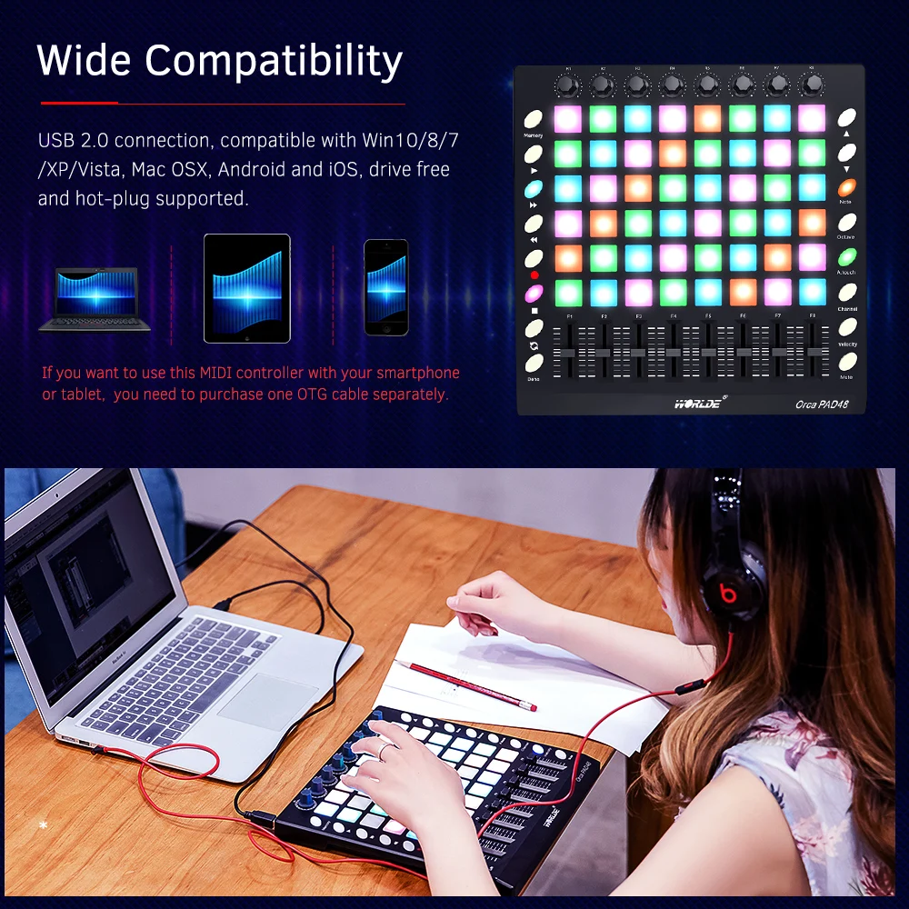 Портативный USB MIDI контроллер WORLDE PAD48 колодки с подсветкой 48 RGB 8 ручек 16 кнопок