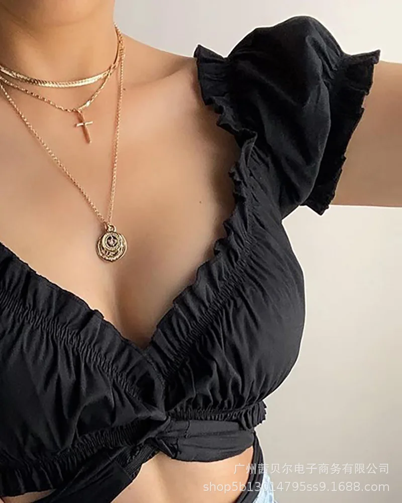 

WEPBEL Women Sexy Ruffle Bandage Crop Top Shirt Ladies Elegant Short Puff Sleeve V Neck Short T-shirt