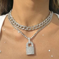 2 pcs rhinestone hip hop cuban chain padlock pendant necklace choker jewelry for women men crystal punk double layer necklace