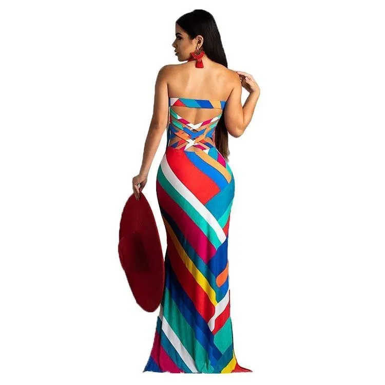 Fashion 2019 New Women Colorful Striped Strapless Bodycon Sheath Maxi Dress Sleeveless Beach Party Club Long Dresses | Женская одежда