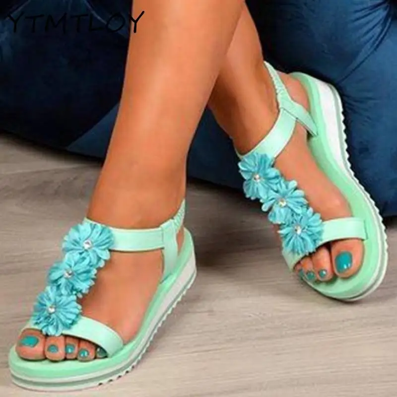 Сандалии женские с цветочным принтом Т-кружевом Нескользящие эластичный ремешок