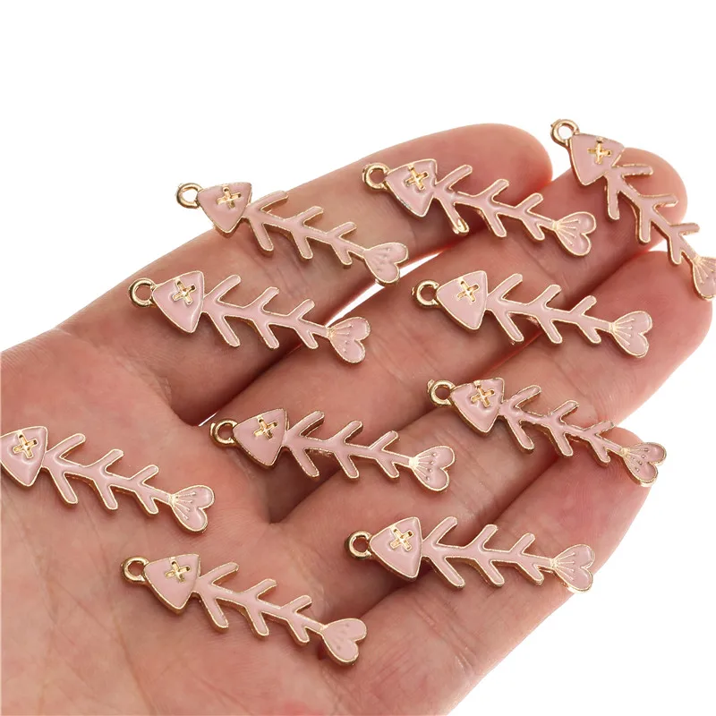 10 шт./лот Подвеска из эмалированного сплава в виде рыбьей кости розовый цвет