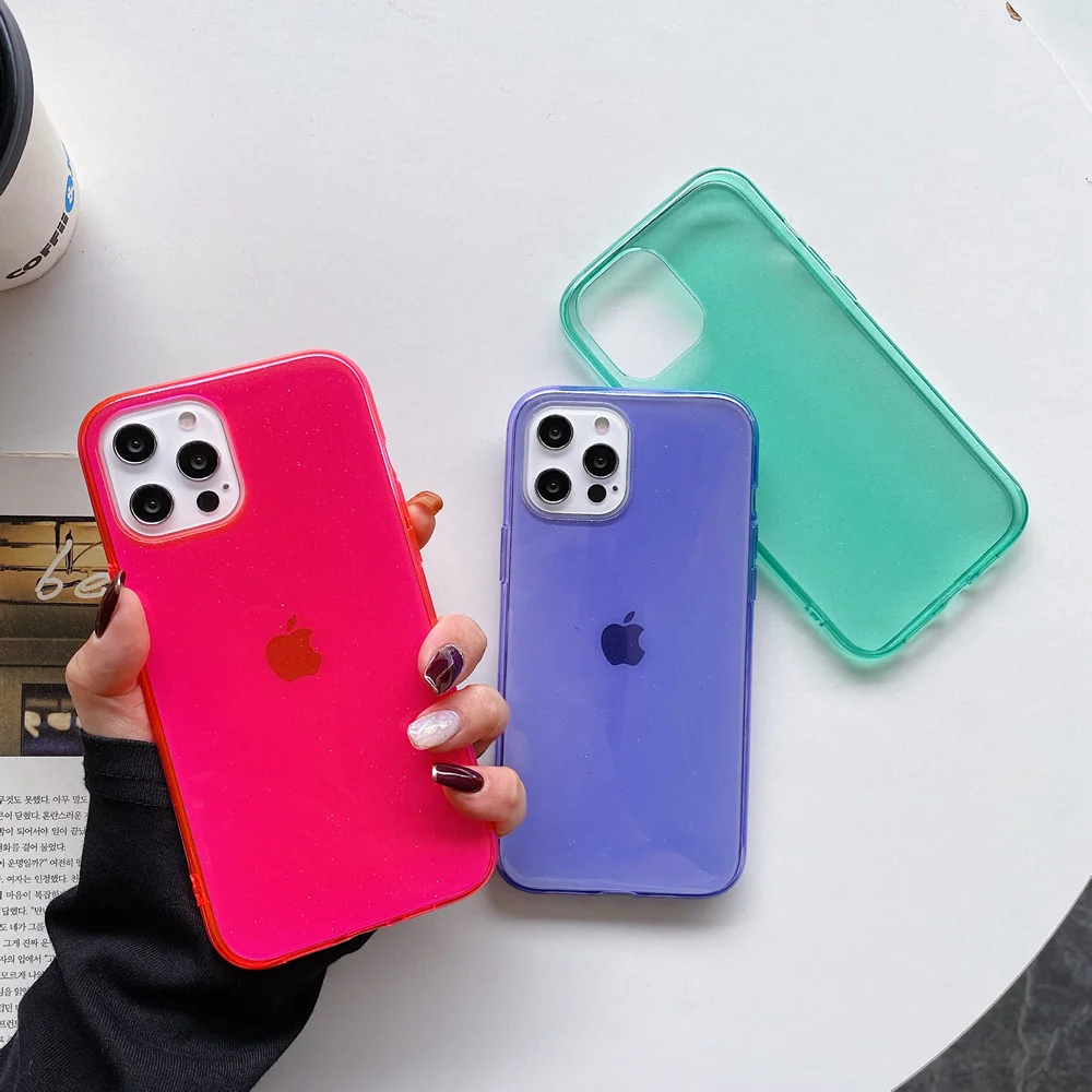 

Thin Soft Silicone Jelly Phone Case for iPhone 11 12 13 Pro Max iPhone11 7 8 Plus X Xs XR Candy Color Bling Glitter Clear Cover