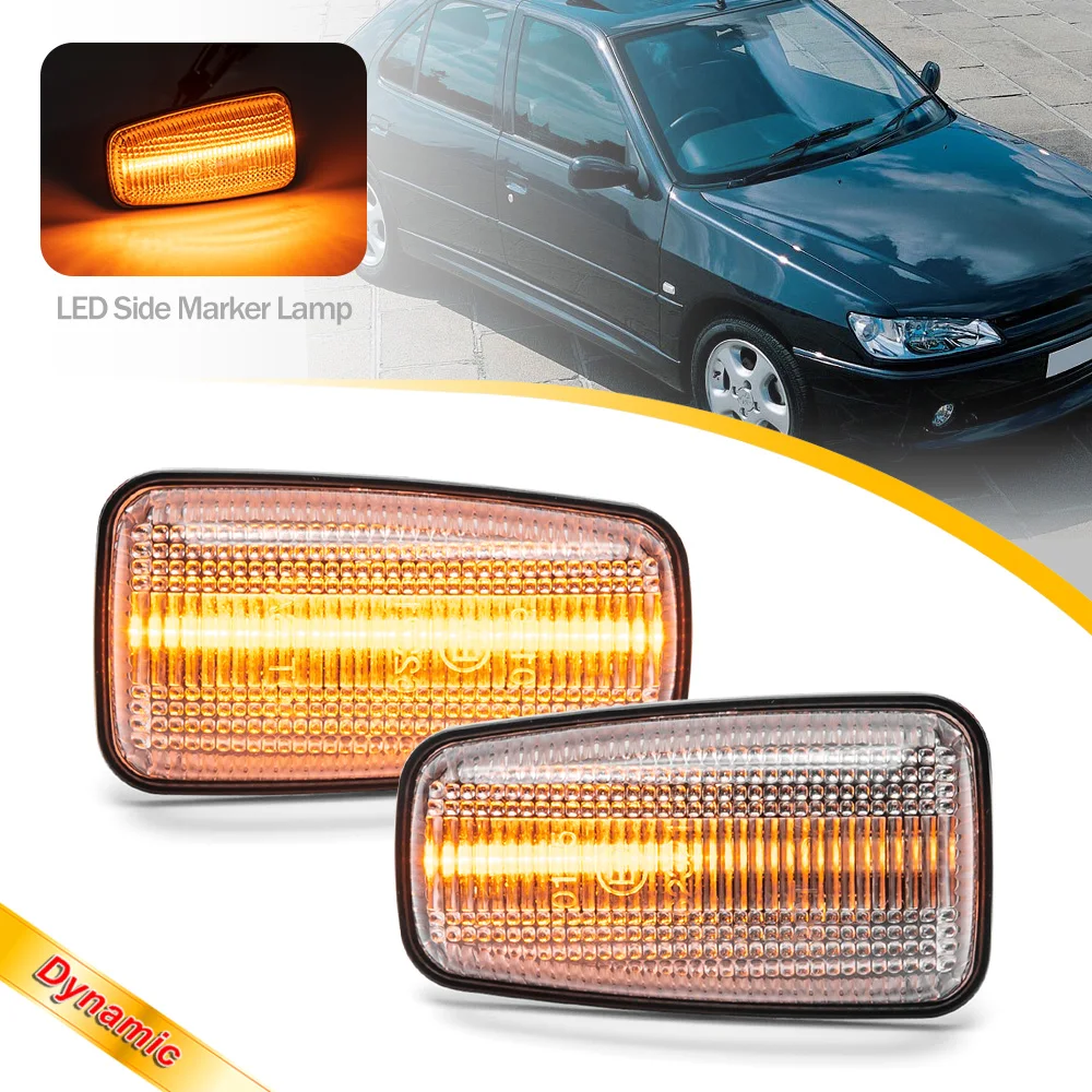 

2x Clear Lens Dynamic Led Amber Turn Signal Indicator Lamps Side Marker Lights For Peugeot 106 306 406 806 Expert Partner 97-02