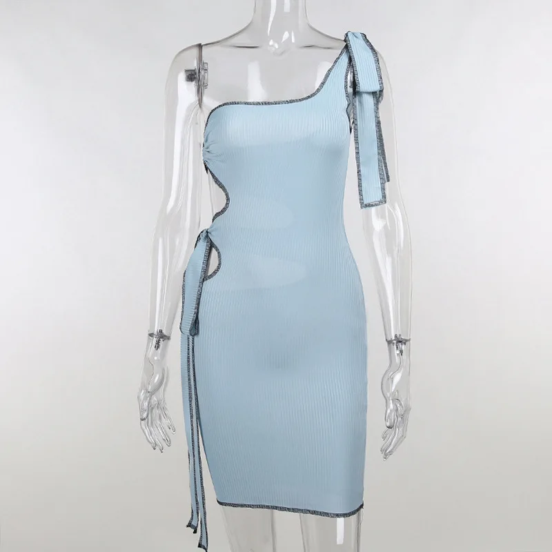 

Bodycon Dress One Shoulder Sexy Hollow Out Bandage Knitting Ribbed Dress Sleeveless Summer Party Club Dresses For Women 2021