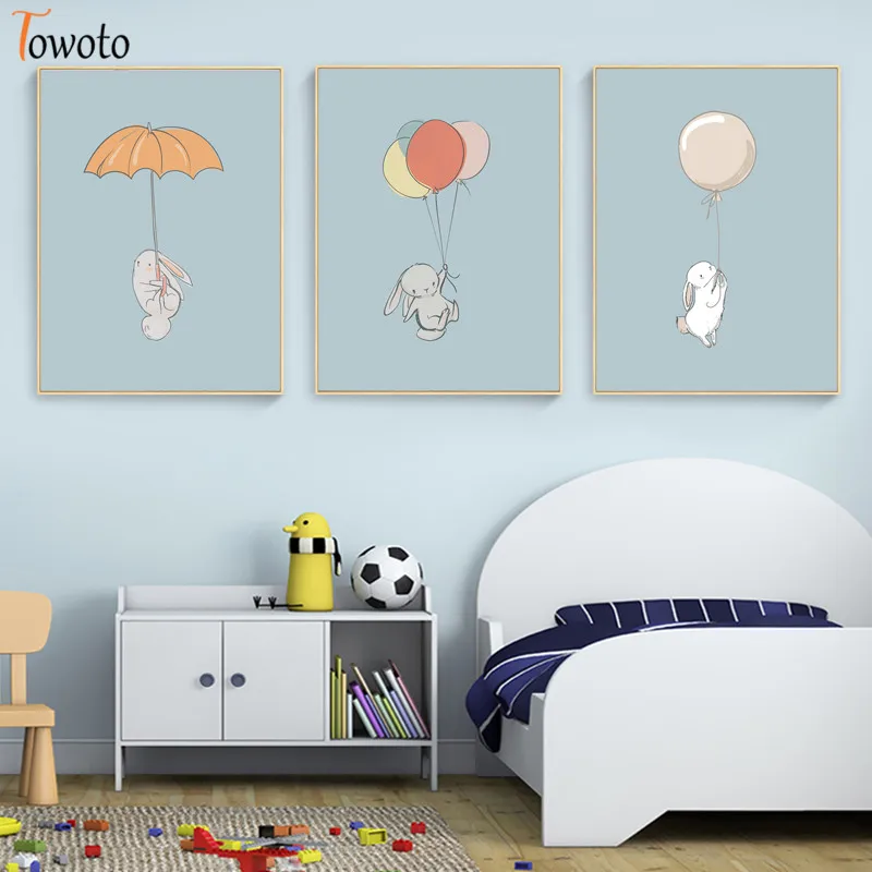 Картина на холсте с милым Кроликом Летающий кролик воздушным шаром постер