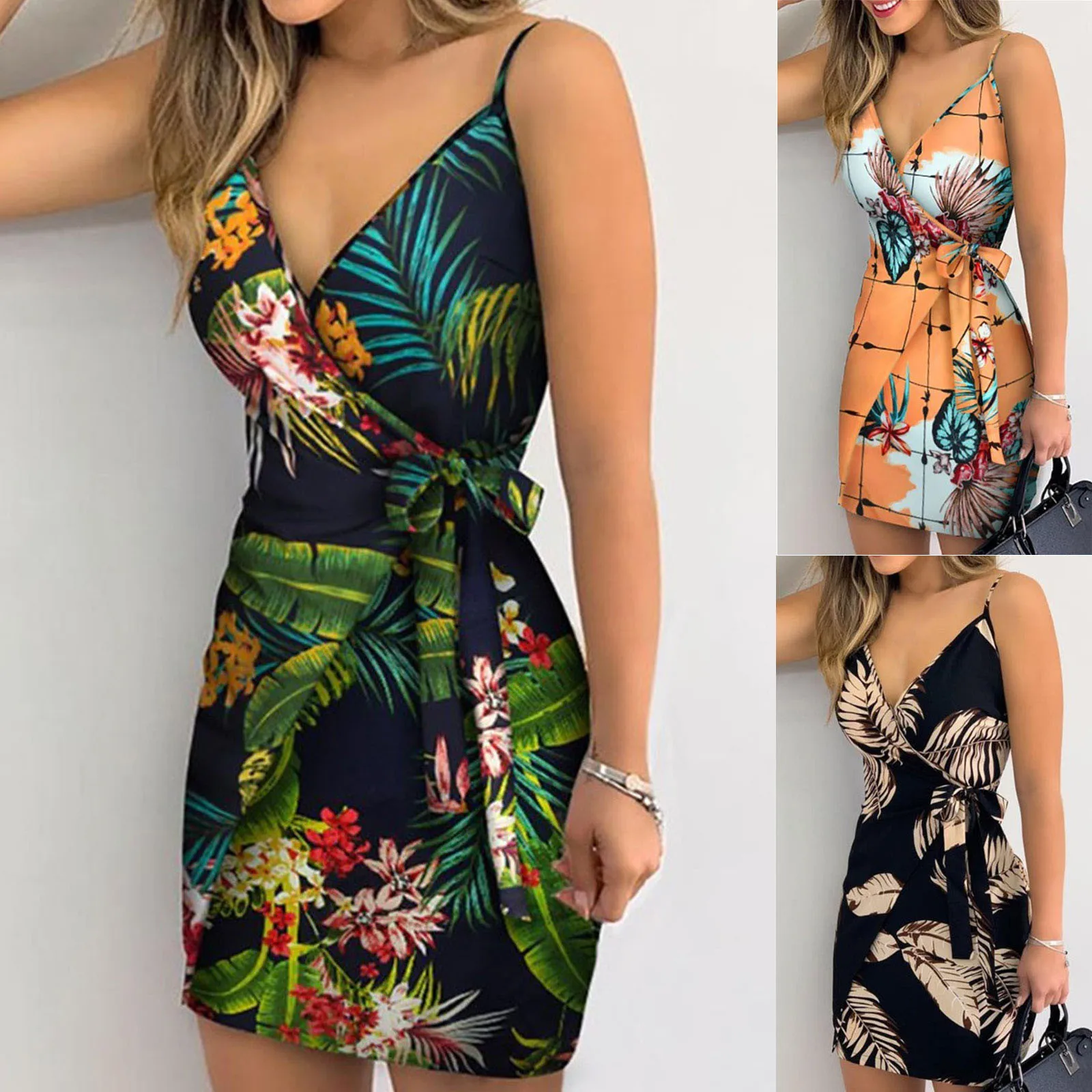 

Summer Women Camisole Dress Sexy V-neck Dresses Print Lace-up Dress Sling Dress Backless Dress Strap Mini Dress