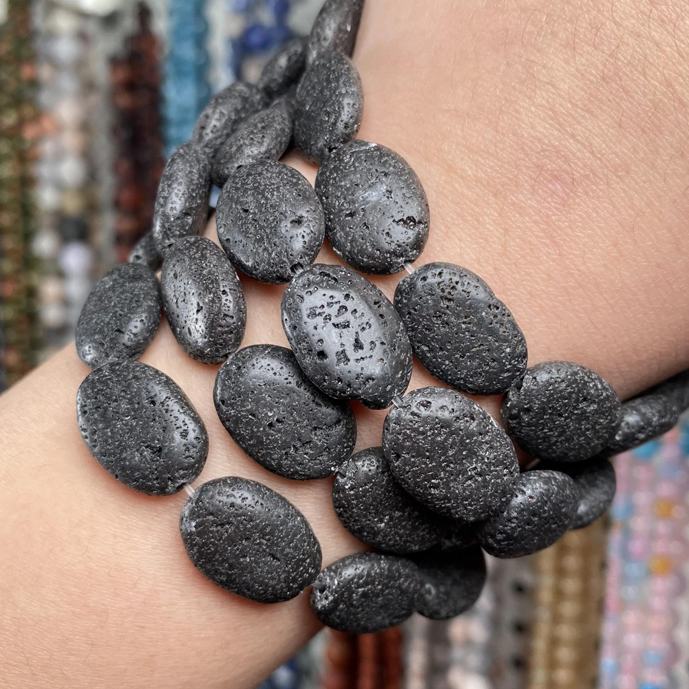Бусины Из Натурального вулканического камня Плоские Овальные черные лавовые
