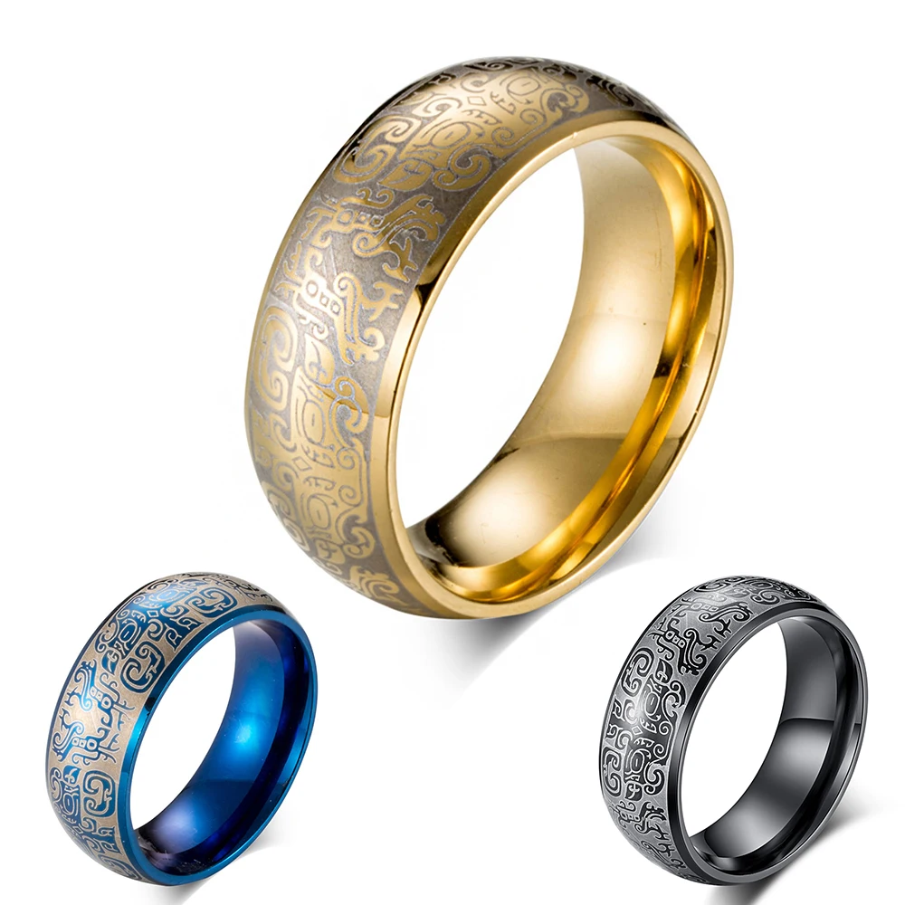 Китайский Тотем кольцо для мужские черные/синие/Золотые Цвет Титан Сталь Винтаж