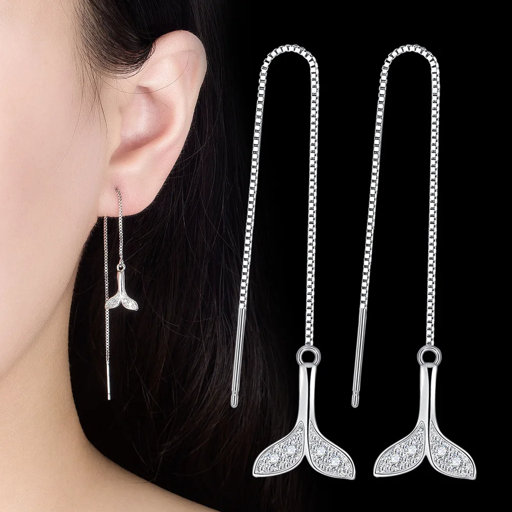 

Trendy Female Earrings 925 Sterling Silver Beautiful Mermaid Tail Micro Inlaid Zircon Long Tassel Earrings for Women Gift