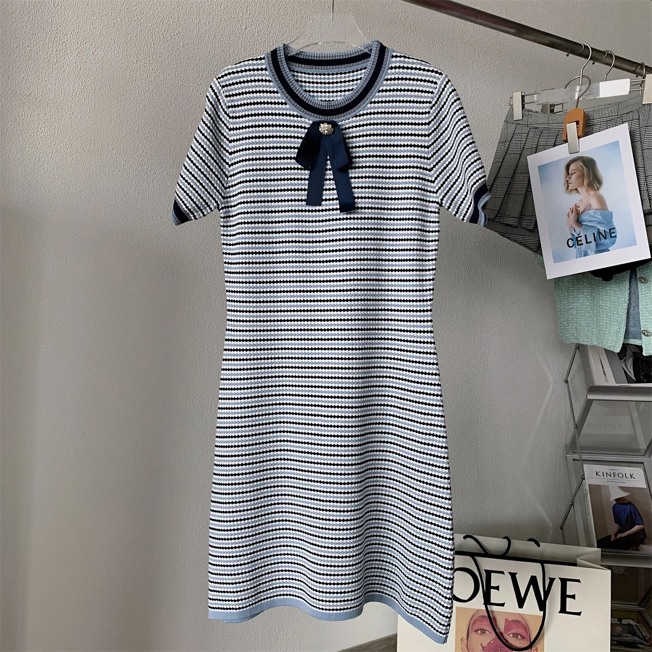 

High Quality Women Summer Elegant Ladies Sweet Cute Temperament Thin Bow Diamond Short-Sleeved Knitted Dress