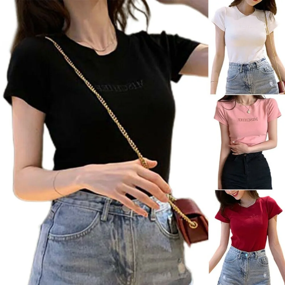 

Women Crew Neck T-Shirt Casual Slim Summer Letter Print Short Sleeve Tops Blouse